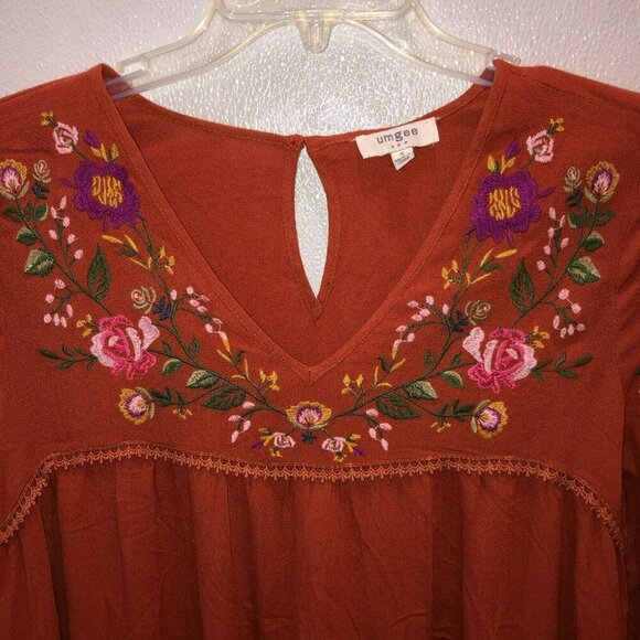 Umgee Womens Small Orange Floral Embroidered Flared Sleeve Blouse Top Shirt Sz S - Picture 4 of 9
